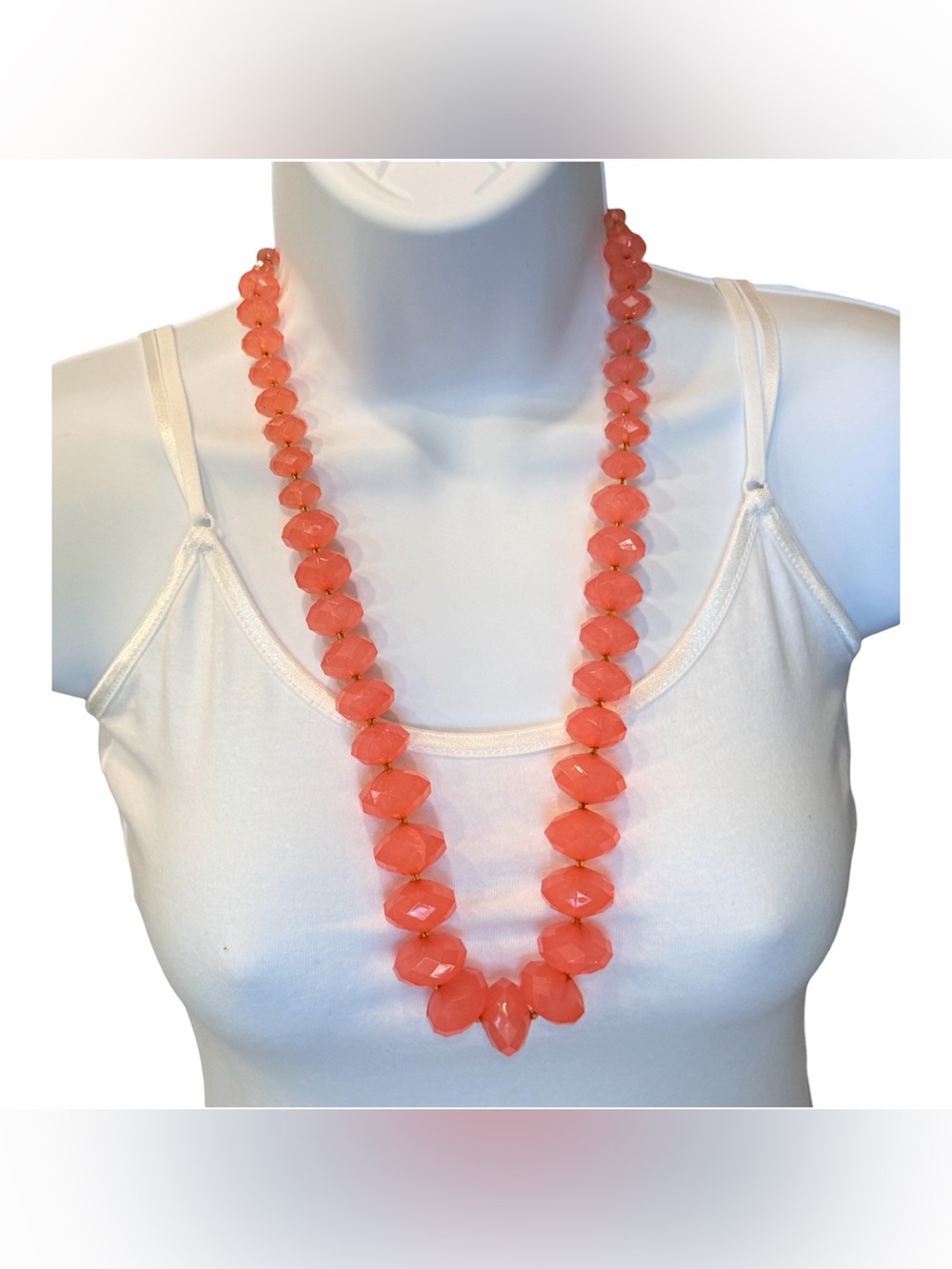 Joan Rivers Pinkish/Coral Faceted Lucite Bead Long Adjustable Necklace 1990s VTG